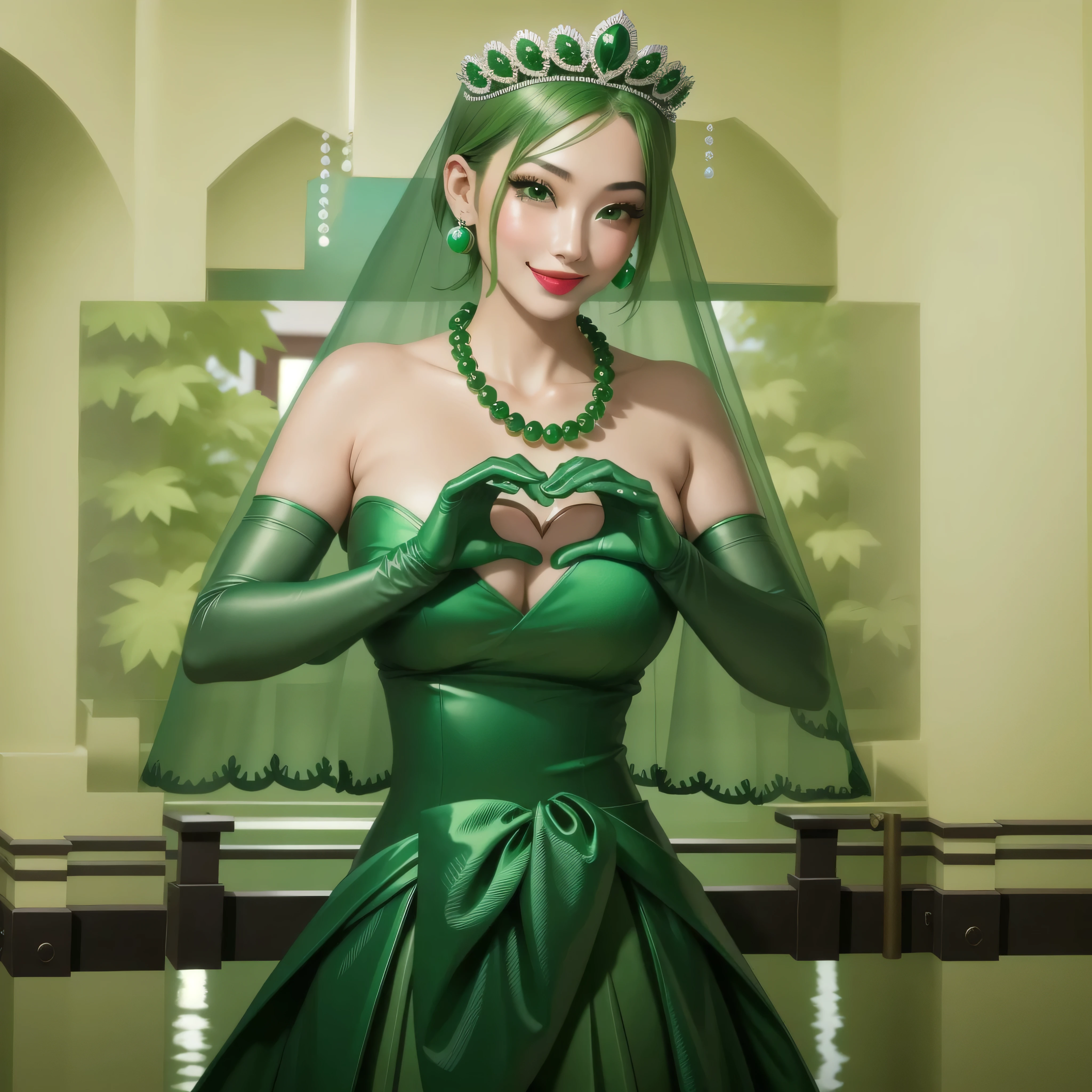 emerald tiara, Green Pearl Necklace, Boyish very short green hair, Green Lips, Smiling Japanese woman, Very short hair, Busty beautiful lady, Green Eyes, Green satin long gloves, Green Eyes, Emerald Earrings, Green veil, Heart with both hands, Green Hair, Beautiful Japanese Women, Heart shaped hands:1.3, green lip gloss