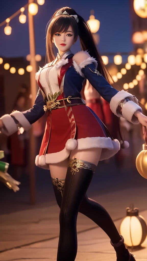 1 Girl, Long hair, skirt,Hair accessories, city View, night, High Leg Raise, Boss,白色skirt,Ponytail,,blue eyes,Ponytail, Mrs. Claus,Christmas,