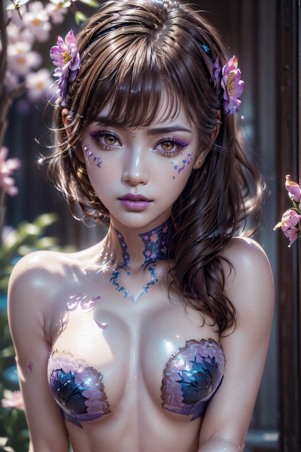 ((portrait of a girl in the dark, ultraviolet light on her:1.24)), (1girl: 1.3, 22 years), ((Glowing 3D objects interact with graphics,Super detailed illustrations)),photorealistic Realism 8K, 16K Quality, fashion supermodel, (Glamour, paparazzi taking pictures of her), (ultra absurd quality, extremely detailed detail, hyper resolution, clear sharp focus, not blurry, (perfect round, Realistic brown eyes:1.33)), (extremely beautiful face, beautiful lips), pink_makeup:1.2, blue_eyeliner, red_lipstick:1.2,(perfect dark_eyeshadows), (Detailed nose:1.2), Intricate detail face, best high quality real texture skin, (perfect composition), ((creative spring flowers uv portrait glowin body art painting:1.33)), ((fluorescent flower clusters printed on her skin: 1.23)), ((fluorescent paint whole body:1.33)), ((A model shows off glowing body paint covering her private parts in a vivid artistic display:1.26))), ((Beautiful girl with long legs and good style:1.2)), ((firm and full breasts)), (dynamic pose:1.25),((no_Pantise)),(Erotic:1.33), (((cowboy shot))),