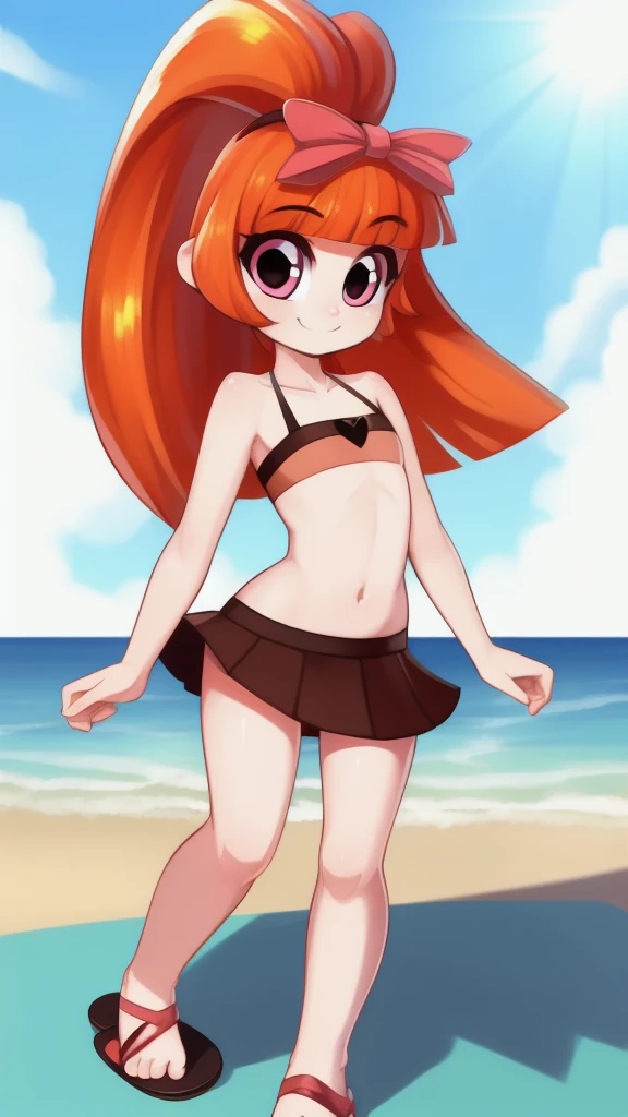 Blossom (Power Puff Girls), orange hair, bangs, very long ponytail, Pink eyes, pale skin, small breasts, detailed body, detailed face, detailed eyes, glistering body, shiny body, gorgeous body, skinny, solo, full body, ((big ribbon on head, red bondeau bikini top, small red mini skirt, red flip flops)), smile, beach, clear sky,