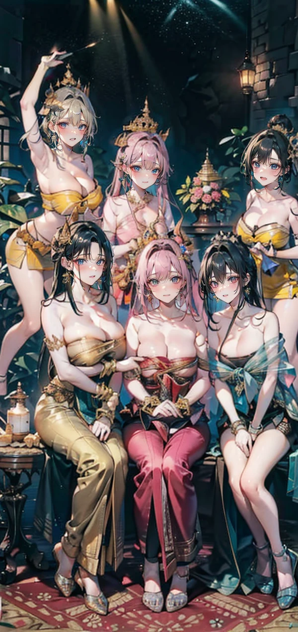 Group of 5 princesses,(5 young women,many young women), (in the bedroom), Various hair styles, harem, Wearing a strapless Thai dress.., at night, detailed face, big breasts,Breast curtain, short skirt, mule, Sleeveless , Show your armpits, at night, starry at night,(large areolae:1.4,pink,The nipples are clearly visible....),((Various poses)