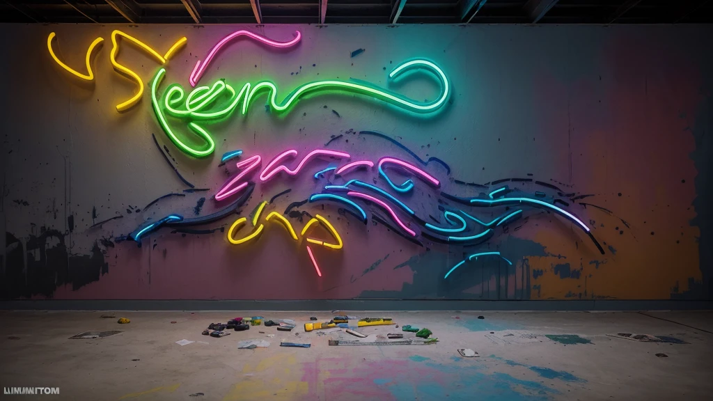 ((zoom in) Create a scenario of a large wall painted with colorful paints simulating tattoos illuminated with neon