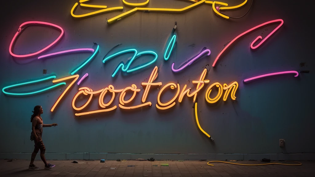 ((zoom in) Create a scenario of a large wall painted with colorful paints simulating tattoos illuminated with neon