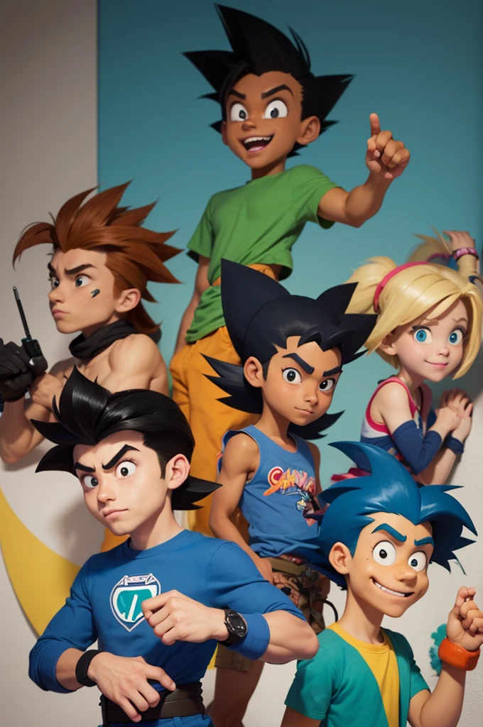 A cartoon style, for a sketch to paint on the wall. It would be with the characters: Arnold and his best friend Gerald, de hey Arnold; catdog; Doug fani; super shock; the number 5 class in the neighborhood; the courage dog; a Reggie de rocket power; Danny phantom; goku; the little bear; jackie de cyberchese; Raphael from ninja turtles; papaleguas coyote