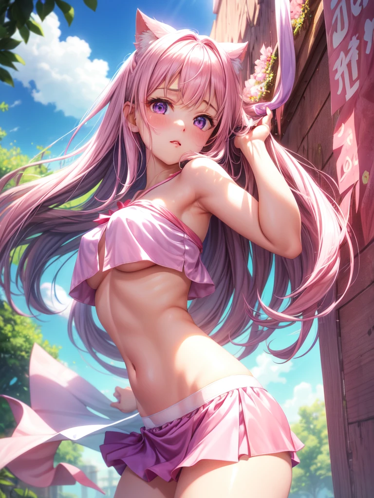 (satin、silk、(Pink Panties))、Realist, 1 girl, In white, Purple Eyes, Bright Eyes, Crop top, skirt, Chapped lips, blush, evening, Flores, sun, sunlight,