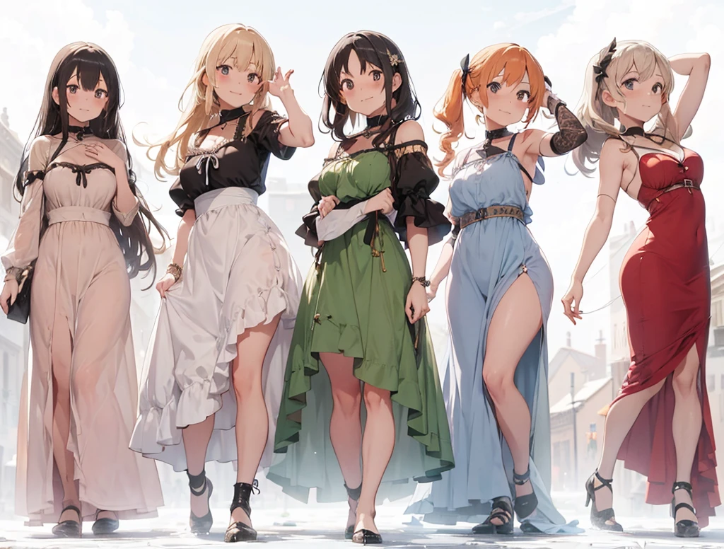 a group of witches offering services in the middle of an alley, three girls, multiple girls, sexy, short dresses , night , medieval city , fantasy girls , smile , blonde hair , red hair , snow city