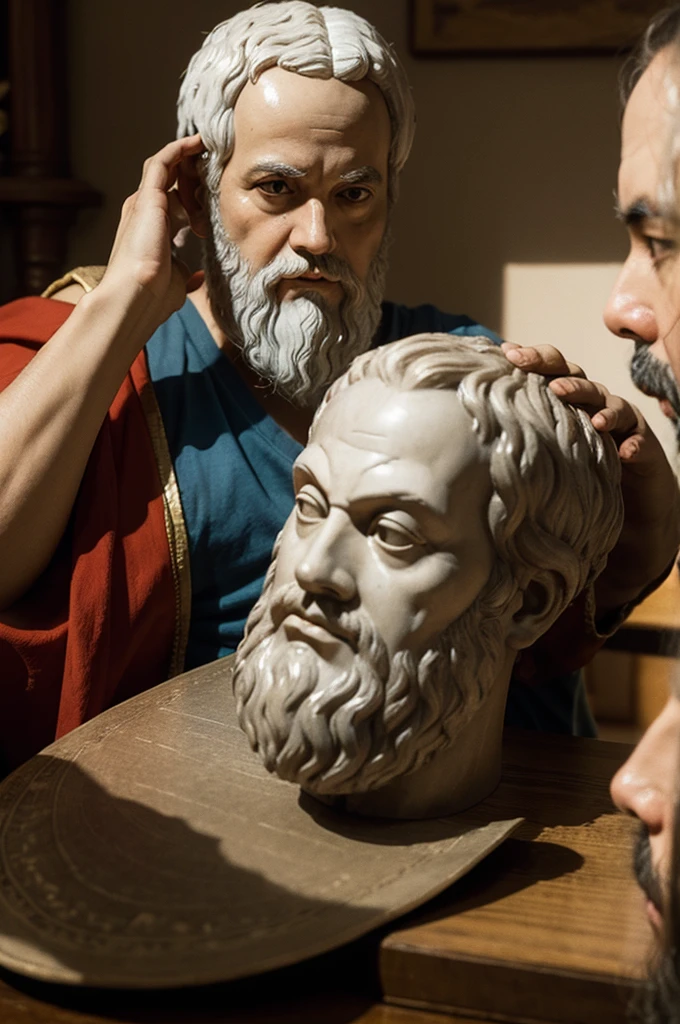 create image of aristotle, plato and socrates together telling secrets at a table