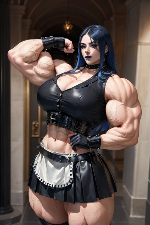 (((Massive tall, beautiful, buff, pale white skinned muscular woman with royal blue hair, black lipstick, ginormous bulky muscles and wearing a beautiful leather unbuttoned blouse with a beautiful black long pleated skirt))), (close view), massive muscles, massive biceps, hyper muscle shoulders, massive muscle arms, vascular shoulders, hyper muscle triceps, (long curly wavy hair), (beautiful unbuttoned leather blouse), white eyes, studded gauntlets, gloves, choker, (beautiful black long pleated skirt with a belt), shoes with socks, (in a beautiful hallway), closed smile, morning, hyper vascular arm, hyper muscles arms, hyper muscle legs, massive arms