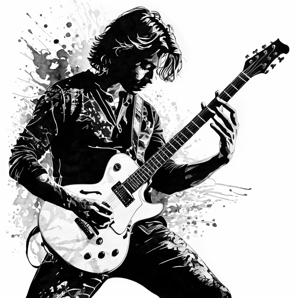 (Edward Van Halen:1.4), monochrome image style combining silhouettes, images of shadows and ink painting, portrait of a man playing the guitar, Best Quality, super fine, extremely detailed, delicate and dynamic