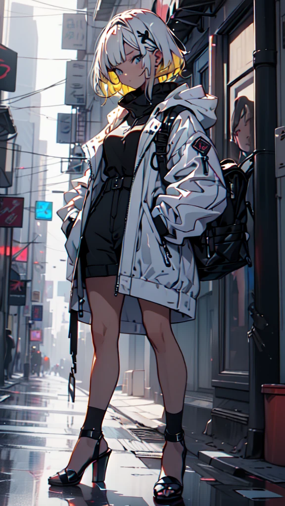 1 girl, short yellow hair, cyberpunk, Alice in Wonderland, black high heels, hand in pocket, best quality, 4k, 8k, highres, masterpiece:1.2, ultra-detailed, realistic, photorealistic, photo-realistic:1.37, HDR, UHD, studio lighting, ultra-fine painting, sharp focus, physically-based rendering, extreme detail description, professional, vivid colors, bokeh, concept art