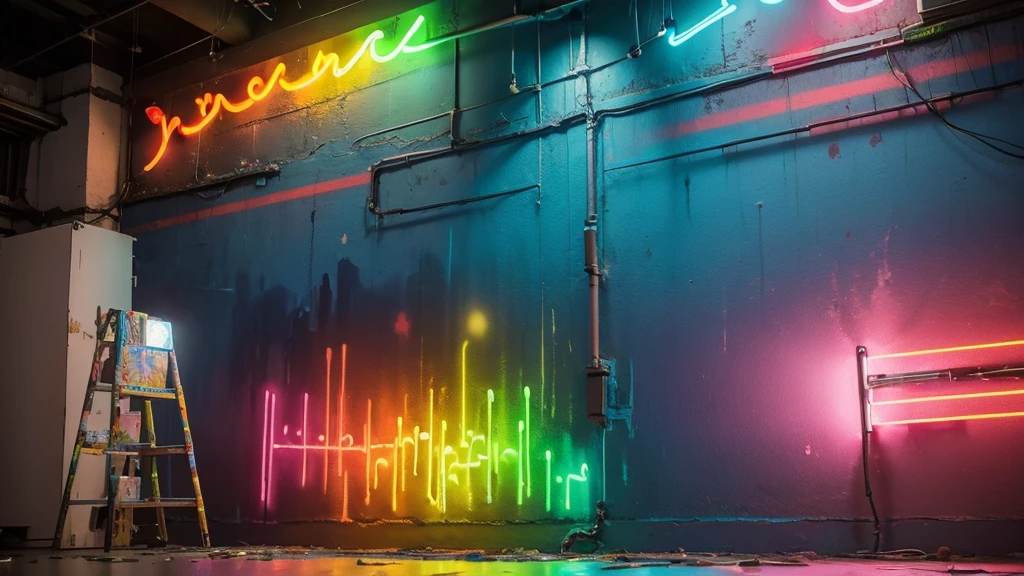 Create a scenario of a large wall painted with colorful paints simulating tattoos illuminated with neon