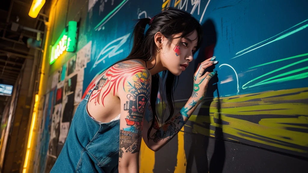 Create a scenario of a large wall painted with colorful paints simulating tattoos illuminated with neon