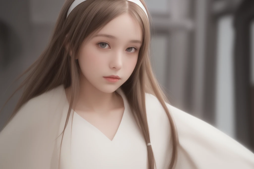 female, white hairband, brown hair, brown eyes, long hair
