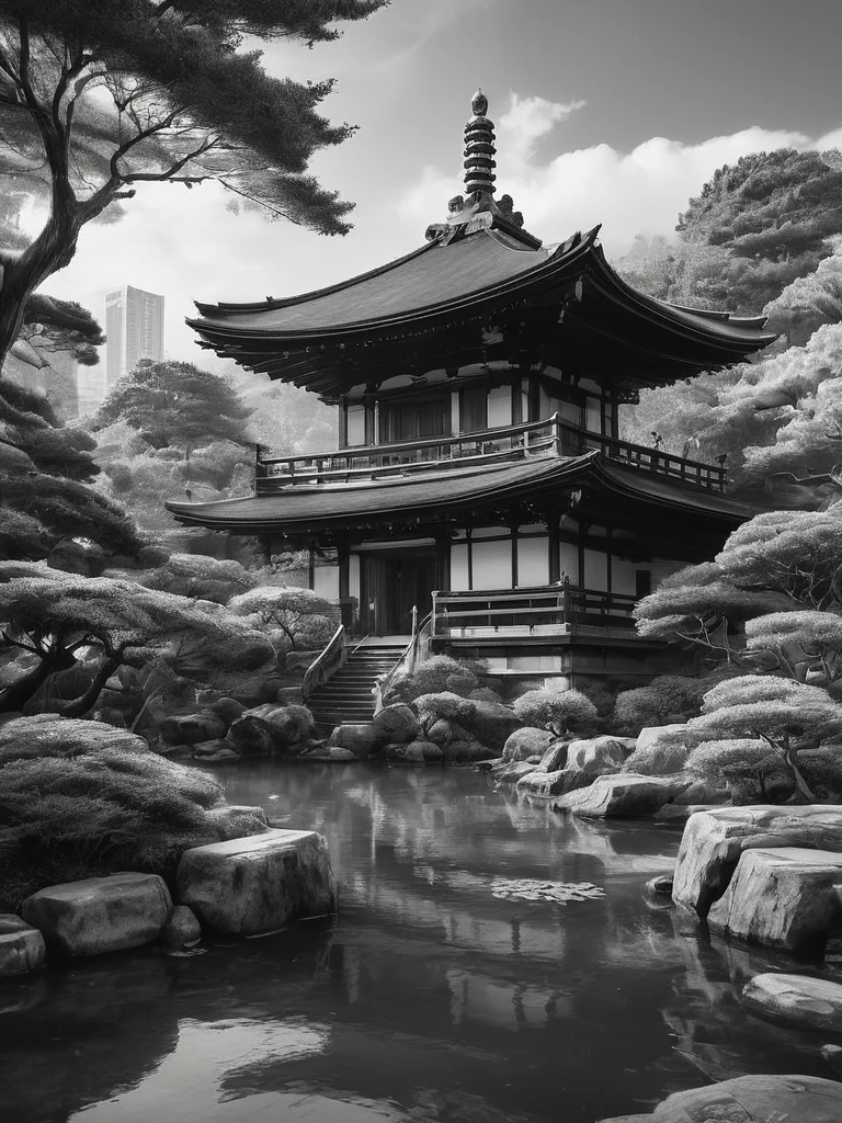 stunning black and white graphite sketch of Japanese temples in a Japanese garden, panoramic shot, in dynamic pose, by Anna Razumovskay, (by Alyssa Monks:1.1), by Joseph Lorusso, by Lilia Alvarado, beautiful lighting, sharp focus, 8k, high res, (pores:0.1), (sweaty:0.8), Masterpiece, Nikon Z9, Award - winning photograph, --ar 16:9 --style raw --stylize 750 --niji 6, perfect composition, beautiful detailed intricate insanely de