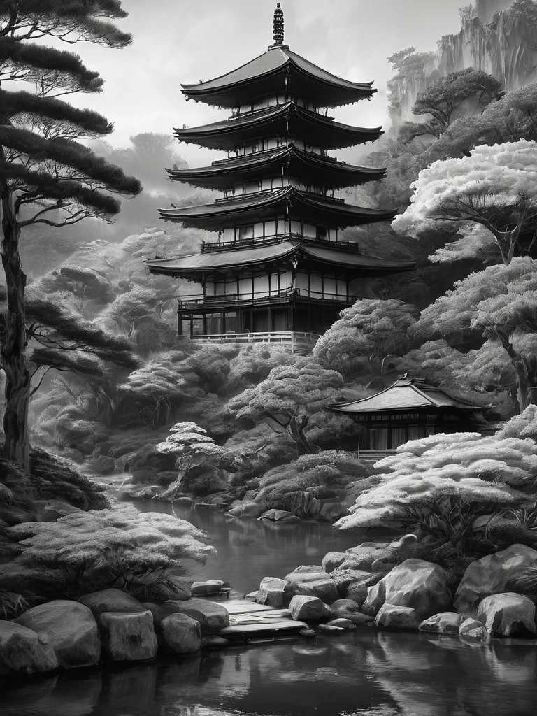 stunning black and white graphite sketch of Japanese temples in a Japanese garden, panoramic shot, in dynamic pose, by Anna Razumovskay, (by Alyssa Monks:1.1), by Joseph Lorusso, by Lilia Alvarado, beautiful lighting, sharp focus, 8k, high res, (pores:0.1), (sweaty:0.8), Masterpiece, Nikon Z9, Award - winning photograph, --ar 16:9 --style raw --stylize 750 --niji 6, perfect composition, beautiful detailed intricate insanely de