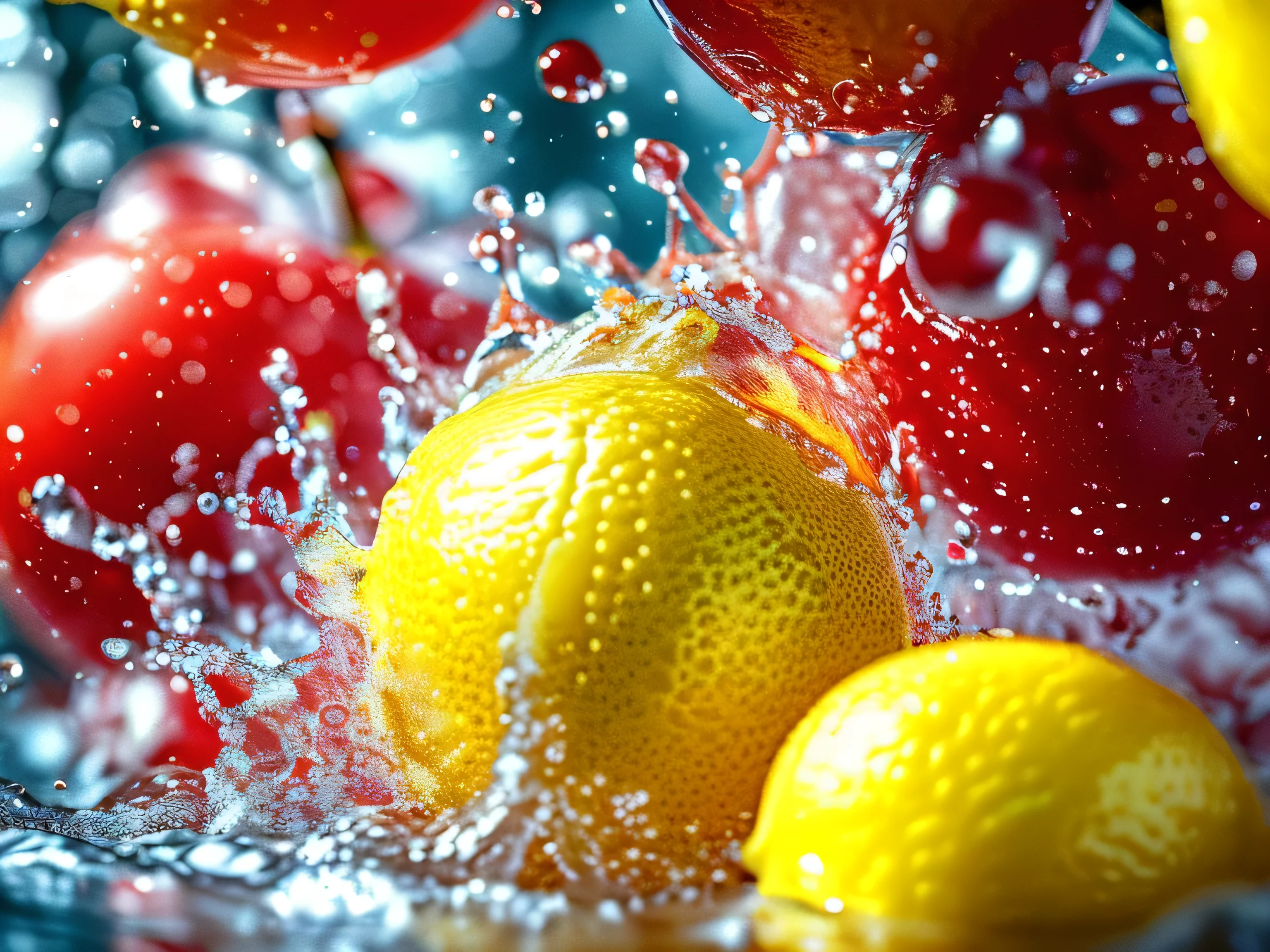 Real photography of 3 lemons falling into water and splashing with water droplets. Commercial advertising style, macro shot, background, warm lighting, cool colors creating splash effect. The cherry is dotted with white light spots, and the cherry falls from above, forming a splashing liquid water ball. HD photography quality.