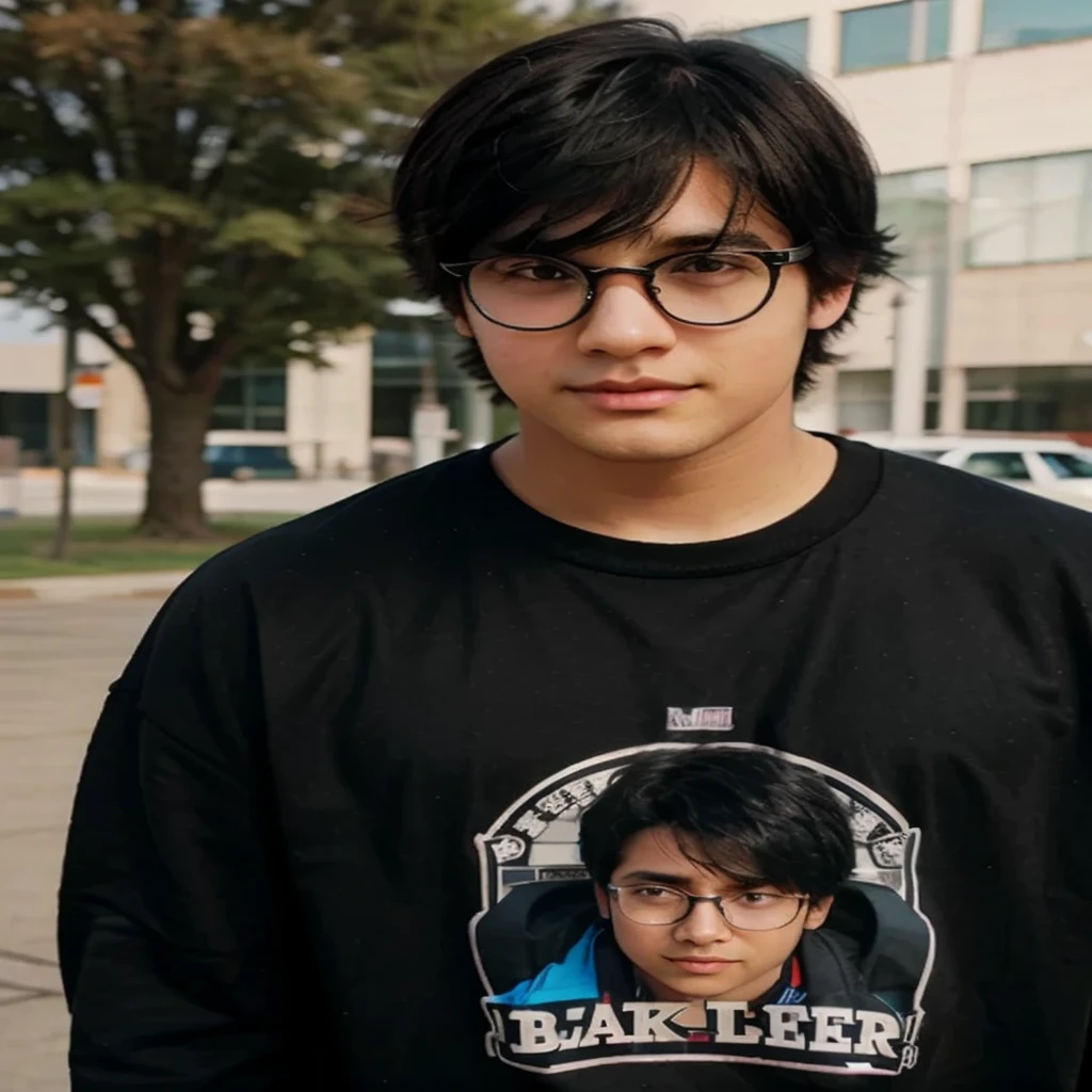 Chubby black haired boy, black eyes, BLACK LENSES, student clothing.