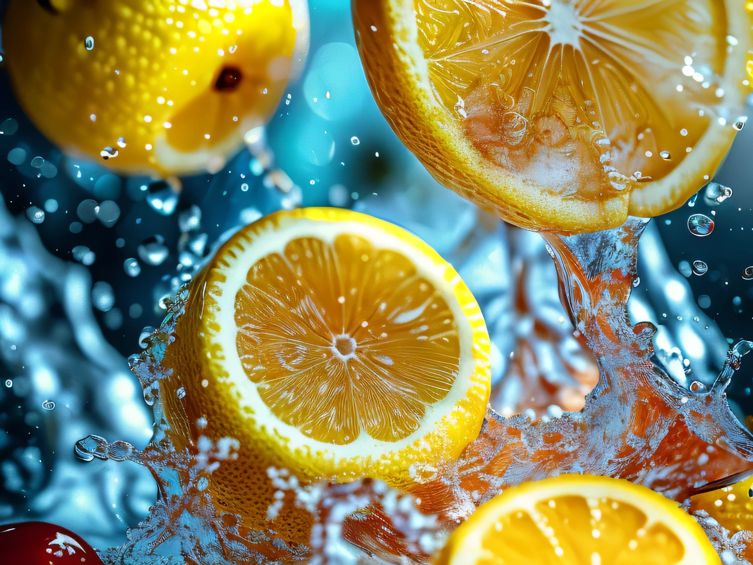 Real photography of 3 lemons falling into water and splashing with water droplets. Commercial advertising style, macro shot, background, warm lighting, cool colors creating splash effect. The cherry is dotted with white light spots, and the cherry falls from above, forming a splashing liquid water ball. HD photography quality.