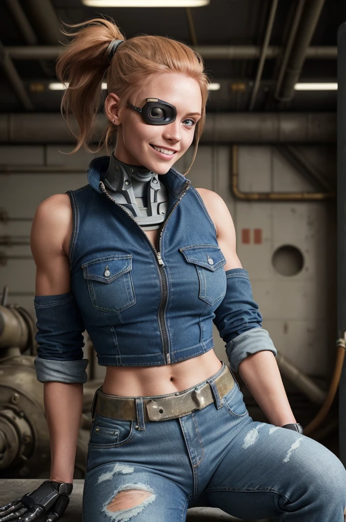 perfect anatomy, female engineer mechanic girl crouching down wearing a dirty tank top and a pilot's jacket on top. She is working on a futuristic robot solo focus, blue eyes, strawberry blonde hair, ponytail, denim jeans, repairing machines, smiling, caring, looking upward, high angle, futuristic, military vibes, diesel punk, indoors, welding, looking at viewer, muscle, toned woman, tomboy, in a futuristic military complex, police department white walls, ((BEST QUALITY)), eyepatch