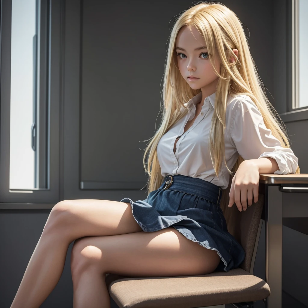 One Blonde long hair girl,tiny waist,two Huge thighs, sitting crossed legs (crossed ankles) like a girl would on a chair Imagine a girl sitting down with her legs crossed, just like how you see a stereotypical girl crossed legs from Bottom camera angle. In this position, the person would be seated with one leg crossed over the other at the knees. The back would likely be upright, conveying a sense of attentiveness or authority. This posture is often associated with a formal and disciplined demeanor, commonly seen in a classroom setting.