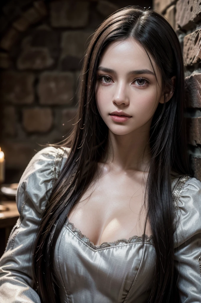 a beautiful woman with long straight black hair, elongated angular face, silver eyes, thin lips, light skin, medieval bard dress, leaning against wall, medieval tavern background, (best quality,4k,8k,highres,masterpiece:1.2),ultra-detailed,(realistic,photorealistic,photo-realistic:1.37),intricate details,dramatic lighting,warm tones,cinematic composition