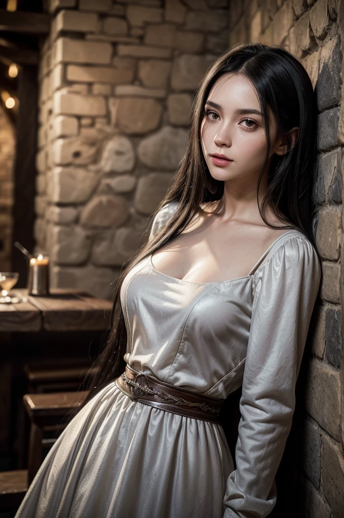 a beautiful woman with long straight black hair, elongated angular face, silver eyes, thin lips, light skin, medieval bard dress, leaning against wall, medieval tavern background, (best quality,4k,8k,highres,masterpiece:1.2),ultra-detailed,(realistic,photorealistic,photo-realistic:1.37),intricate details,dramatic lighting,warm tones,cinematic composition