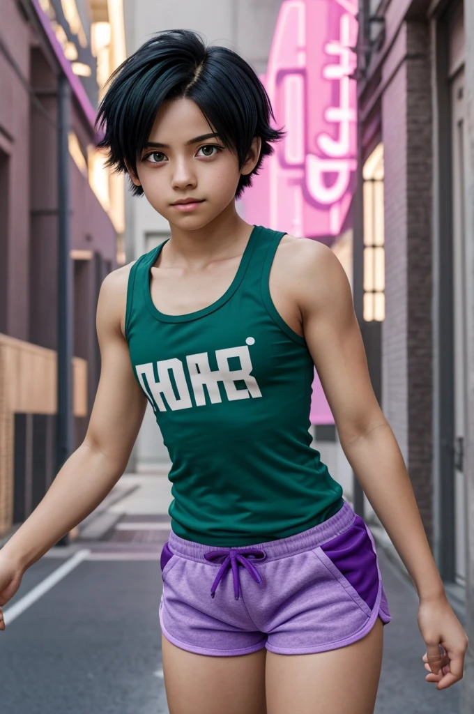 Screenshot of Boku no hero academia ager with short black hair with 2 gray strands with bright purple eyes. With a pink tank top and green shorts