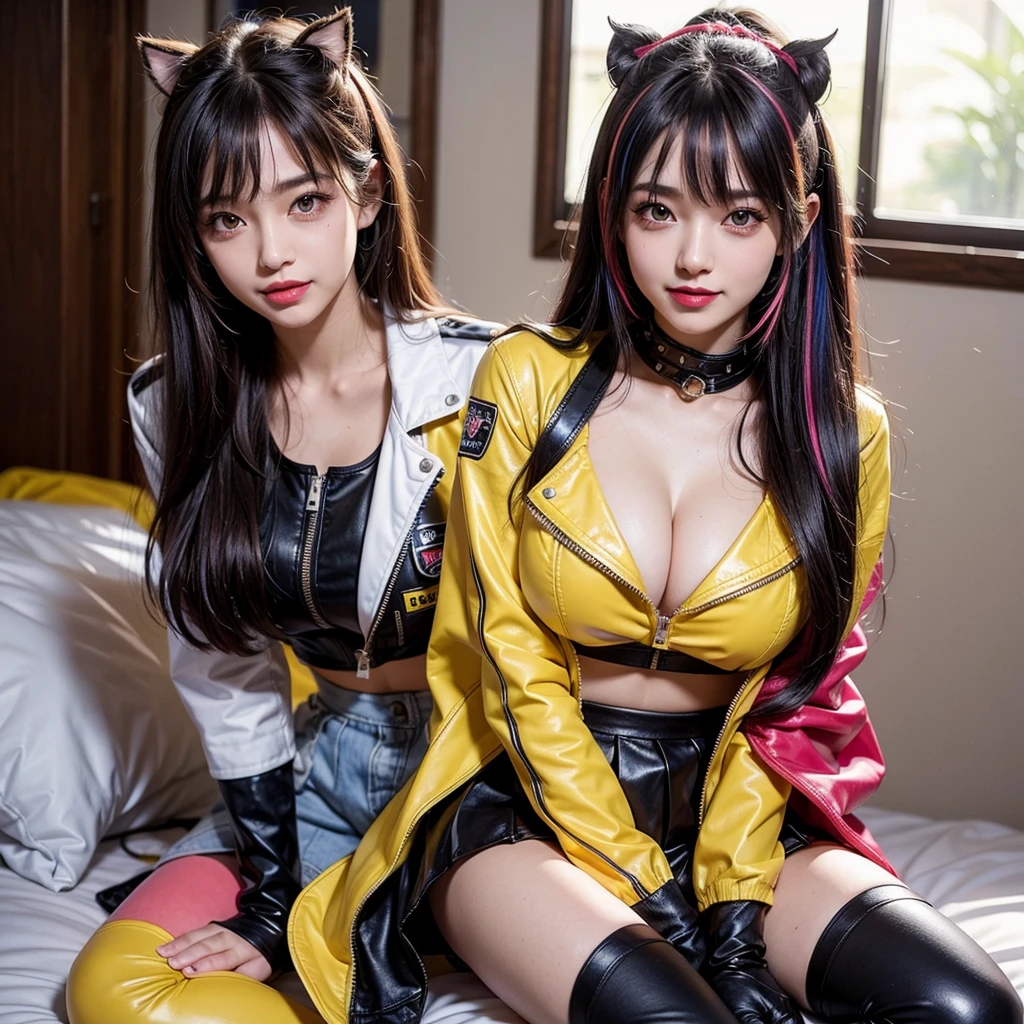best quality,In 4K,beautiful girl,gravure idol,Model,smile,highest quality,big breasts,hyper real stick、She has her bangs down,beautiful girl,Maid clotheasterpiece,perfect face,perfect breasts,long hair,Outstanding style,stimulating,Cute outfits,Horny girl,double eyelid,Naughty Girls,Erotic and cute,mini skirt,ribbon on uniform,colorful hair color,yellow eyes,leather jacket,horny girl,Knee-high boots,
Colorful,multicoloured,future fashion,smile,,zipper bra,Multicolored clothing