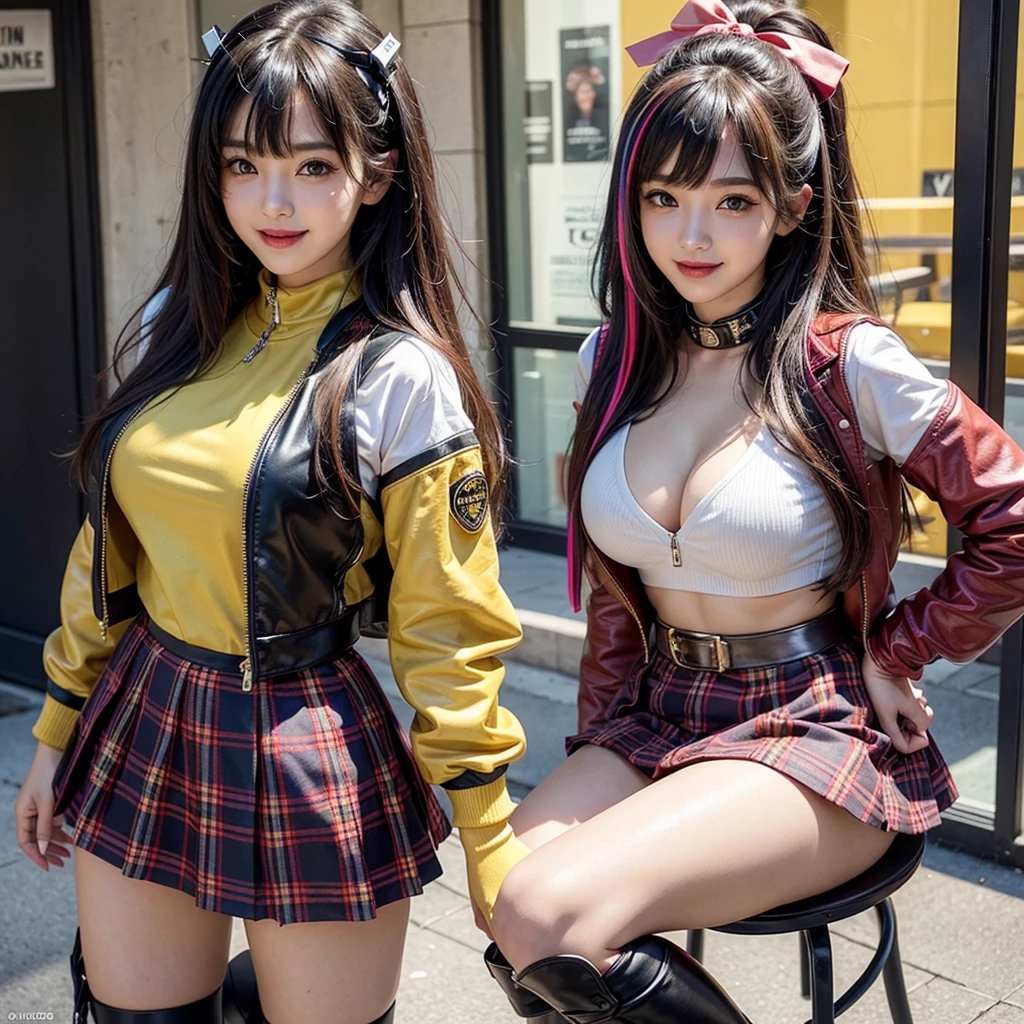 best quality,In 4K,beautiful girl,gravure idol,Model,smile,highest quality,big breasts,hyper real stick、She has her bangs down,beautiful girl,Maid clotheasterpiece,perfect face,perfect breasts,long hair,Outstanding style,stimulating,Cute outfits,Horny girl,double eyelid,Naughty Girls,Erotic and cute,mini skirt,ribbon on uniform,colorful hair color,yellow eyes,leather jacket,horny girl,Knee-high boots,
Colorful,multicoloured,future fashion,smile,,zipper bra,Multicolored clothing