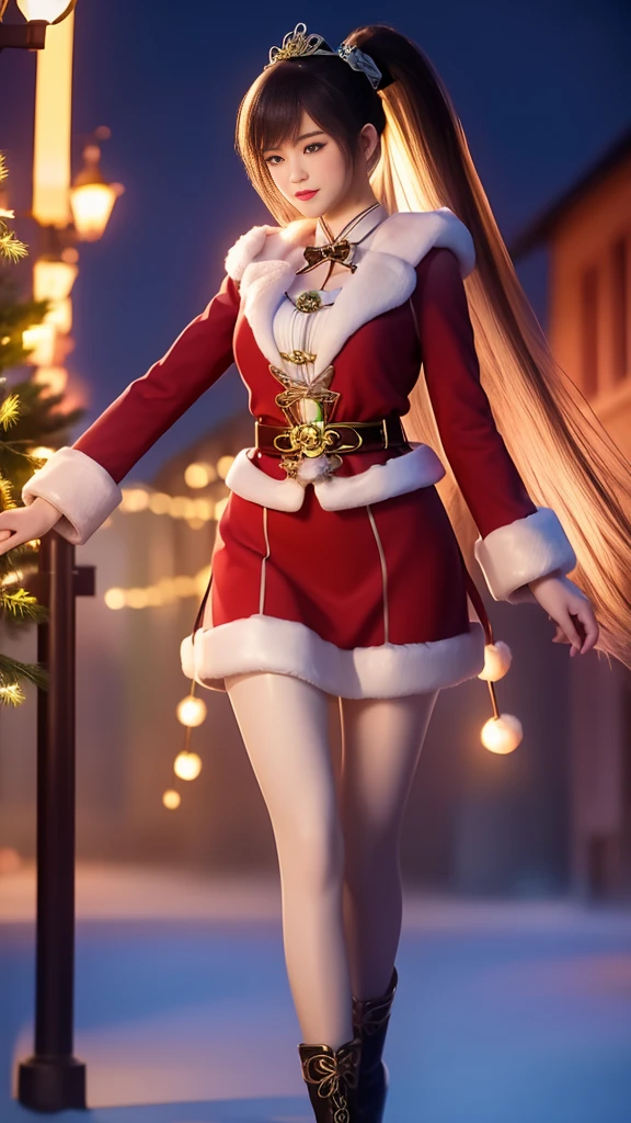 1 Girl, Long hair, skirt,Hair accessories, city View, night, High Leg Raise, Boss,白色skirt,Ponytail,,blue eyes,Ponytail, Mrs. Claus,Christmas,