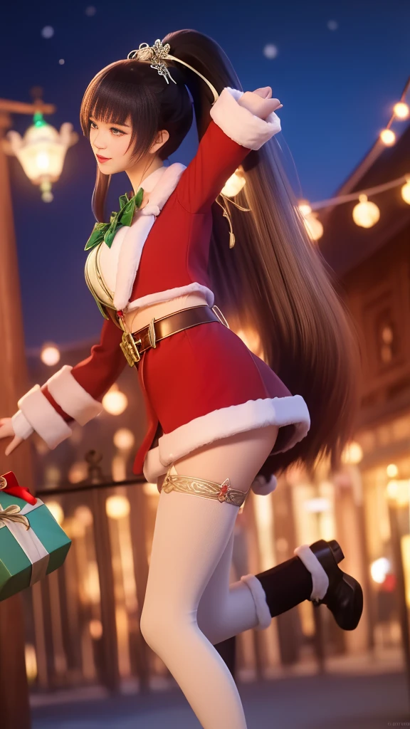1 Girl, Long hair, skirt,Hair accessories, city View, night, High Leg Raise, Boss,白色skirt,Ponytail,,blue eyes,Ponytail, Mrs. Claus,Christmas,