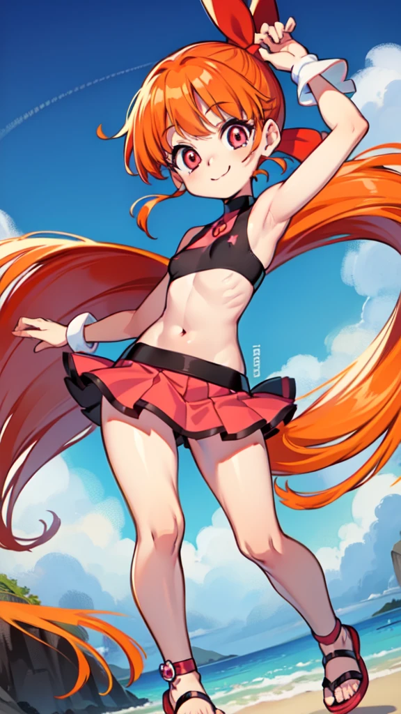 Blossom (Power Puff Girls), orange hair, bangs, very long ponytail, Pink eyes, pale skin, small breasts, detailed body, detailed face, detailed eyes, glistering body, shiny body, gorgeous body, skinny, solo, full body, ((big ribbon on head, red bondeau bikini top, small red mini skirt, red flip flops)), smile, beach, clear sky,
