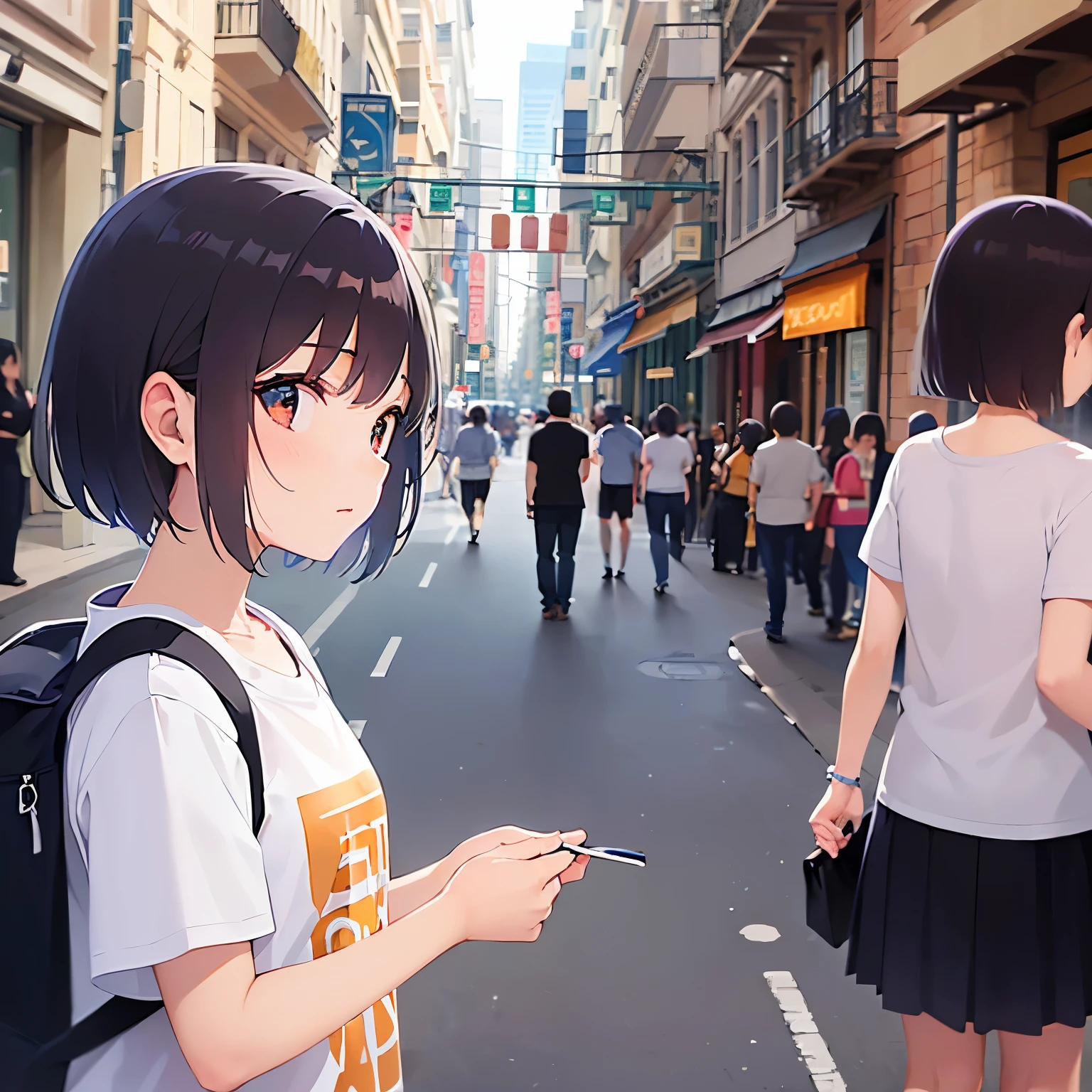 side angle, (looking away:1.5), 、bob cut, masterpiece、Highest quality、 (Brown hair with bangs) and (Orange eyes) and (:1.5), Primary school students、(white:1.5) and (T-Shirts)、expressionless, Are standing、The background is a shopping street、The upper body is shown、Alone、