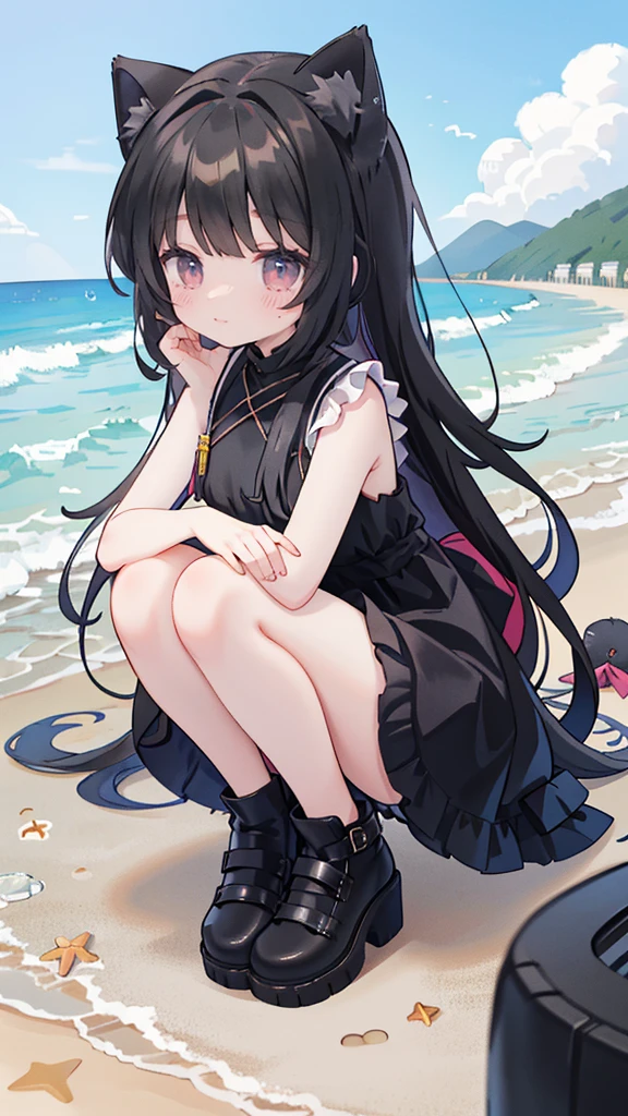 Wearing a black dress on the beach、long hair、Anime girl in black shoes, very beautiful anime cat girl, , beautiful anime cat girl, at the beach, cute anime cat girl, Beautiful anime girl squatting, At the beach，Dressed in black，Dressed in black mini skirt, Wearing strappy high heels，High heels with straps，seductive anime girl, on the beach, anime cat girl, Anime cute art style, Anime girl squatting
