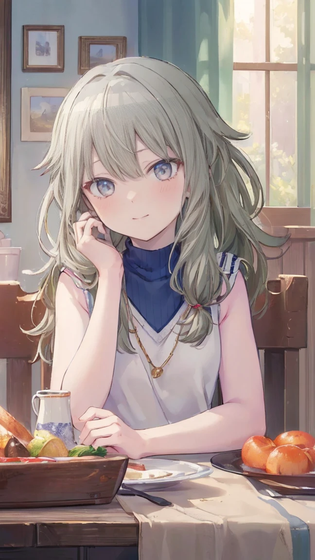(masterpiece, Highest quality:1.6),Best image quality、Highest quality、Perfect lighting,masterpiece、Best image quality、Highest quality、Lori、Girl、、smile、Show your hand, Put your elbows on the table, Slap in the face、Chest close-up, , Sleeveless, Knitted sweater