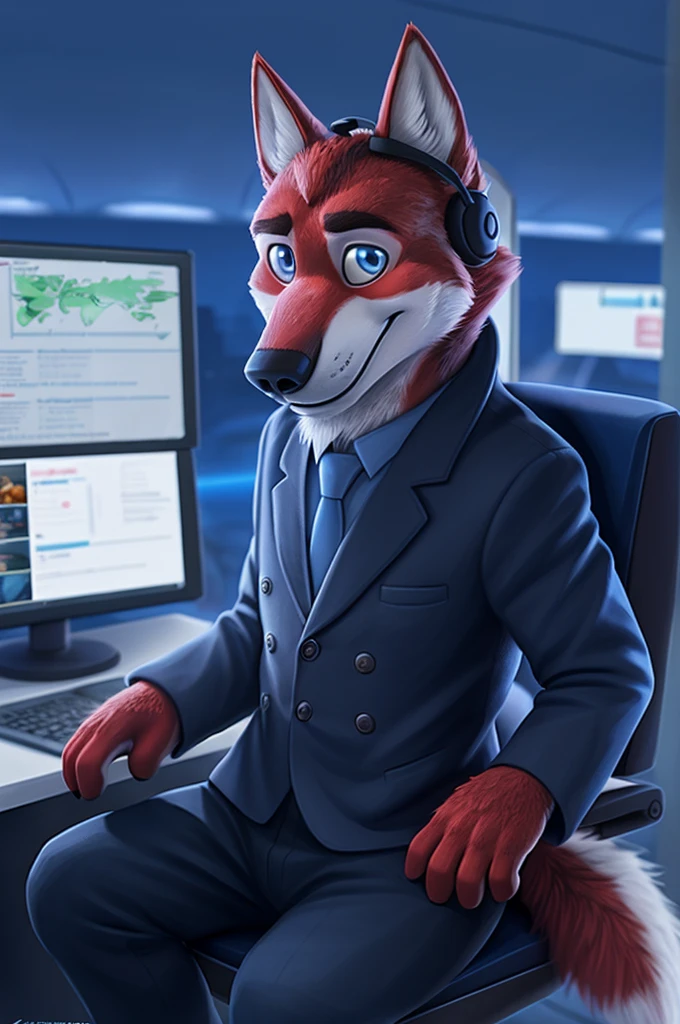 Иван Федорович Вольфбах air traffic controller ро russian,aeroflot (Novosibirsk) ,tall handsome, wolf,young, 24 years, brown fur,Kind,(red body:1.3),beautiful blue eyes,Novosibirsk,dressed,civil aviation pilot uniform,White shirt,commander&#39;s epaulettes, черный tie, trousers,air traffic controller, trousers,canine, wolf, detailed fur, male, second, paw pads, finger claws,At the viewer, 5 fingers, paws, 5 fingers, smile, wrist watch, т nextel,by xenoforge, (difficult, high detail, digital photography, soft focus, RAW,goes for a walk, ,Very close to the camera,airport,Novosibirsk, smile, good mood, positive, Very close to the camera, plaid shirt, At the hairdresser, without hair, captain&#39;s epaulets, 
Photorealism, realistic, photorealistic, digital style, Subsurface scattering,I look at the viewer,стоит White shirt is sitting, at the computer, radars, microphone, trousers, tie,air navigation tower, close to the camera,окно вид на airport и самолеты, is sitting, airplane symbol on jacket, headphones, smile хорошое настроение, 
masterpiece, Best quality, ultra realistic, 8 thousand.)