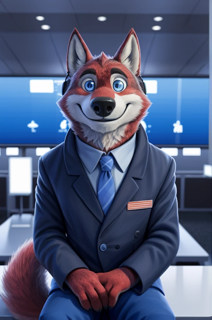 Иван Федорович Вольфбах air traffic controller ро russian,aeroflot (Novosibirsk) ,tall handsome, wolf,young, 24 years, brown fur,Kind,(red body:1.3),beautiful blue eyes,Novosibirsk,dressed,civil aviation pilot uniform,White shirt,commander&#39;s epaulettes, черный tie, trousers,air traffic controller, trousers,canine, wolf, detailed fur, male, second, paw pads, finger claws,At the viewer, 5 fingers, paws, 5 fingers, smile, wrist watch, т nextel,by xenoforge, (difficult, high detail, digital photography, soft focus, RAW,goes for a walk, ,Very close to the camera,airport,Novosibirsk, smile, good mood, positive, Very close to the camera, plaid shirt, At the hairdresser, without hair, captain&#39;s epaulets, 
Photorealism, realistic, photorealistic, digital style, Subsurface scattering,I look at the viewer,стоит White shirt is sitting, at the computer, radars, microphone, trousers, tie,air navigation tower, close to the camera,окно вид на airport и самолеты, is sitting, airplane symbol on jacket, headphones, smile хорошое настроение, 
masterpiece, Best quality, ultra realistic, 8 thousand.)