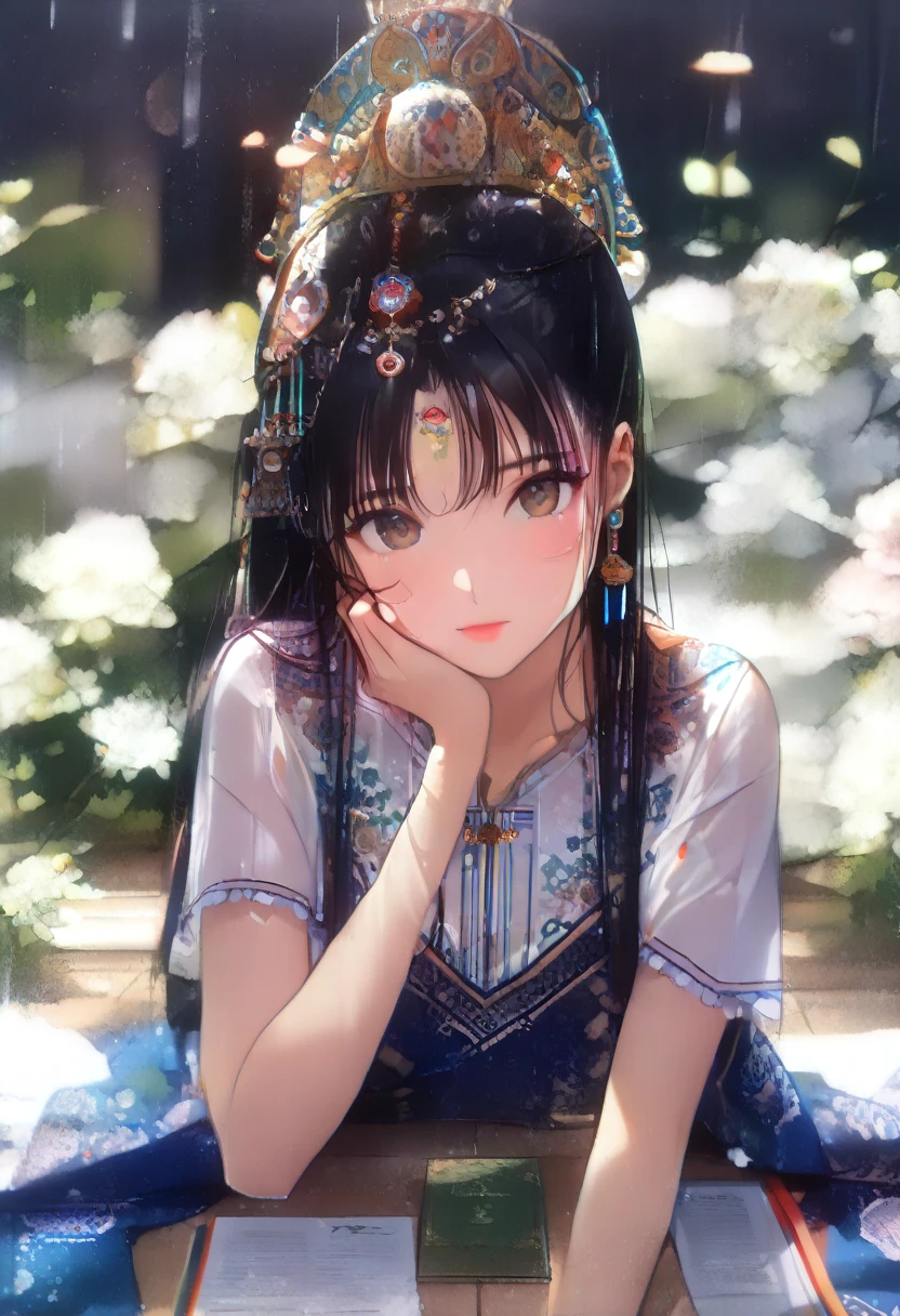 high-res,8K,((((ultra detailed face)))),((big smiling))).((forehead)),woman on her beautiful dragon,wearing a oriental dress,rainy,soft light,moon,soft focus