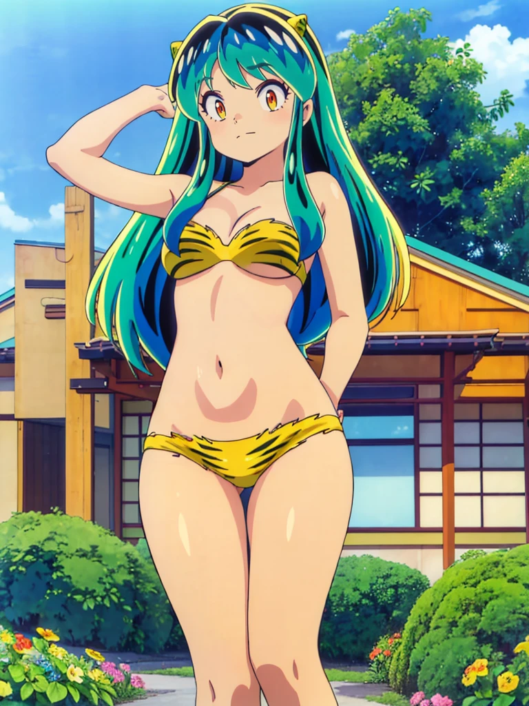 masterpiece, Highest quality, 1 Girl, Lum, Lum_比基尼, anime, Charm, 18-year-old, Are standing, High definition, From before, Japan, Green Hair, smile, 1980年代animeスタイル