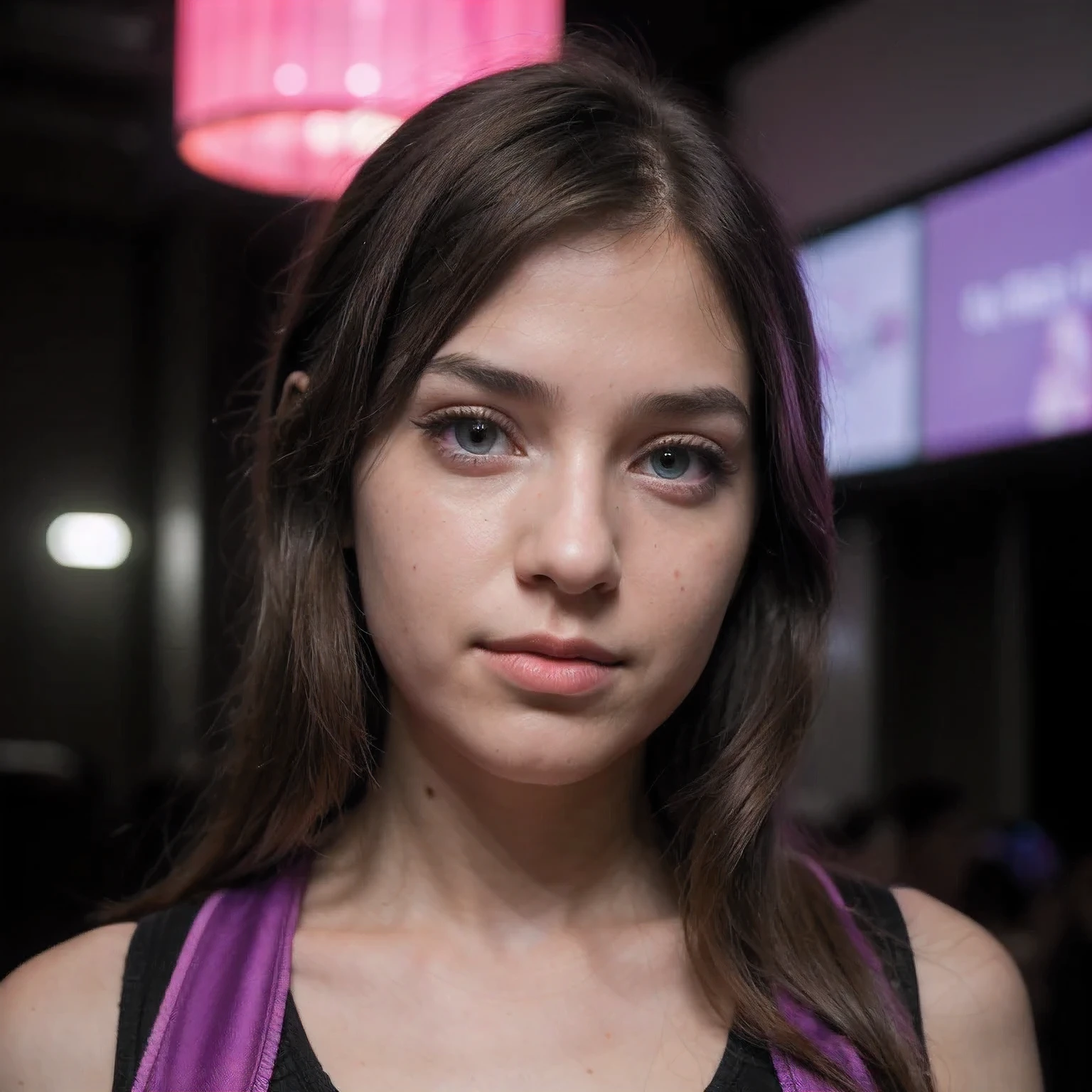 Photo of a college student, Purple Pink, Futuristic space suit, (freckle:0.8) Cute face, Science Fiction, Dystopia, Delicate eyes, Green pupils（（side view））