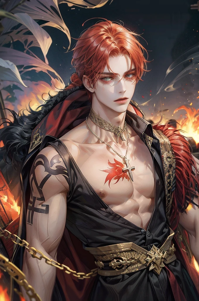 boy, red hair half tied at shoulder length and a little messy, amber eyes, skin fair, greek clothing, smoke tattoo on neck and arm, uncanny, darkness background, shunlight.