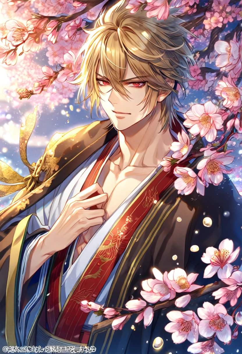 absurdres, highres, ultra detailed, HDR, master piece, Kazama Chikage, honey-blonde hair, expressive red eyes, a traditional white kimono with red trim, dark-brown collar with yellow trim, dark-brown haori with yellow trim on top of the kimono, Hakuouki, sexy man, handsome, best quality, blossoms, pink petals, pink flowers, fantasy, magical, blue shining fireflies, solo, water,