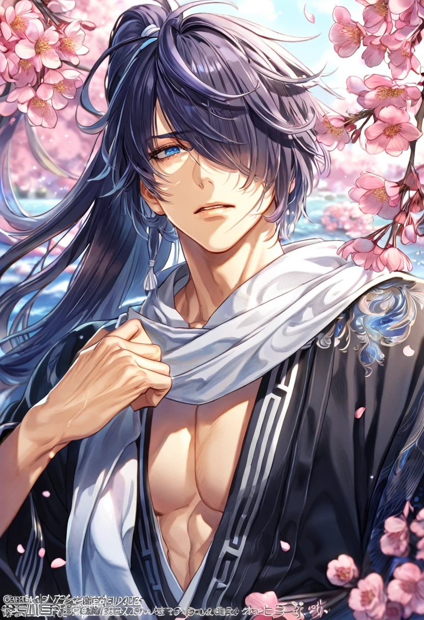 absurdres, highres, ultra detailed, HDR, master piece, best quality, Hajime Saitou, long indigo hair, hair loosely tied into a side ponytail, hair over the right eye, expressive blue eyes, Hakuouki, solo, sexy man, handsome, white scarf, black kimono, water, fantasy, magical, shining, pink flowers, pink blossoms, pink petals