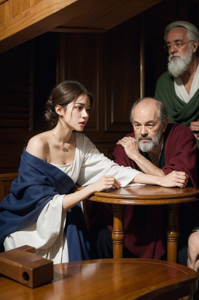 create image of aristotle, plato and socrates together telling secrets at a table 