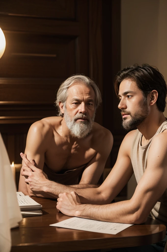 create image of aristotle, plato and socrates together telling secrets at a table