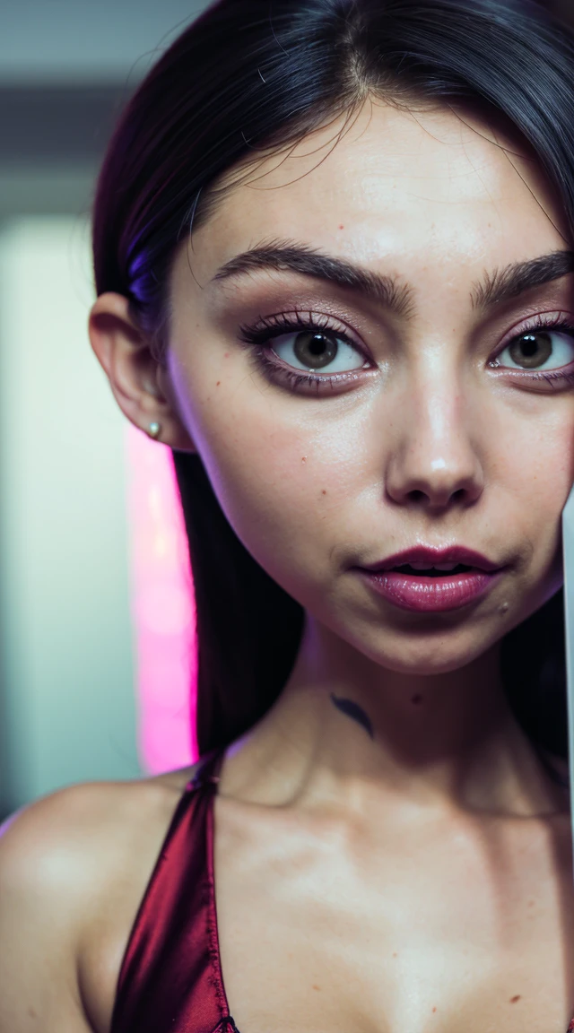 a close up of mirage in a red dress with tattoos on her chest, (tipo de cuerpo pequeño:1.1), (petite body), multiple angles, charli xcx, ava max, bella poarch, she looks like a mix of grimes, charli bowater, sexy look, billie eilish, madison beer as leeloo, portrait of kim petras, 25 years old, the super hot and sexy, looks a blend of grimes