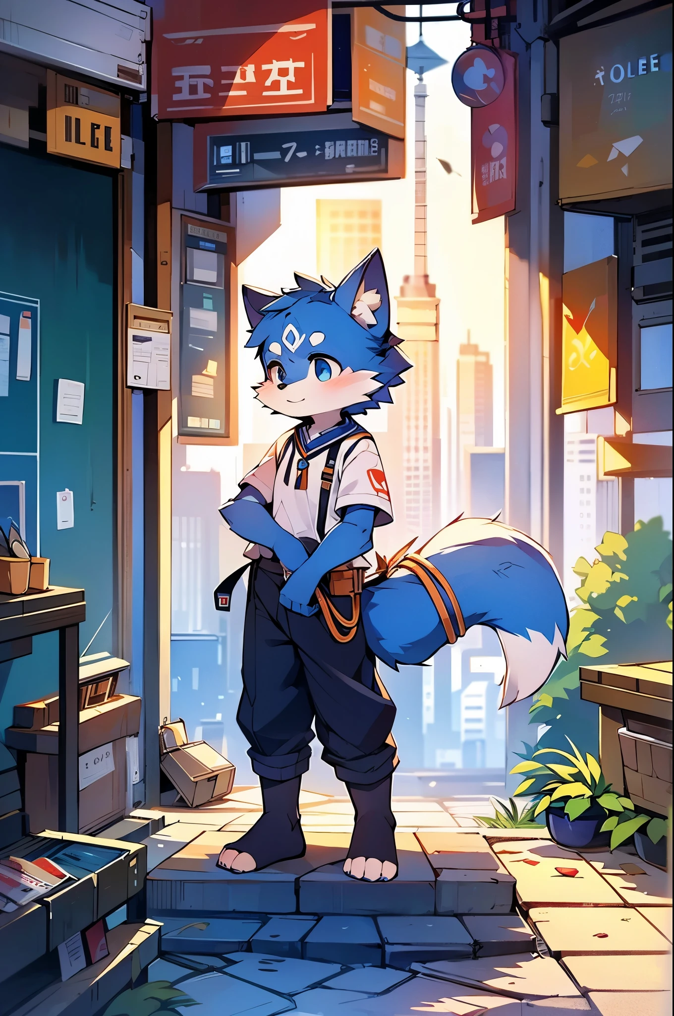 Blue fur, Canine, fox motif, boy, uniform,expensive，One person，Stand up on your own feet，背がexpensive，Cityscape，
