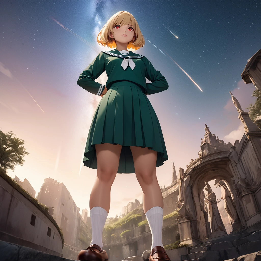 Highest quality, masterpiece, Ultra-high resolution, (Reality: 1.4), Original photo, One girl,
Smooth blonde hair with dark roots Two-tone hair Blonde bob cut Slanted eyes Red eyes Crimson eyes Sparkling eyes drawn in detail Tanned skin Brown skin Traditional sailor suit Dark green sailor suit White socks Loafers Low angle Aerial composition from below Best proportions Bright night sky A single shooting star Standing with one foot in front of the chest Standing confidently Arms folded in front of chest