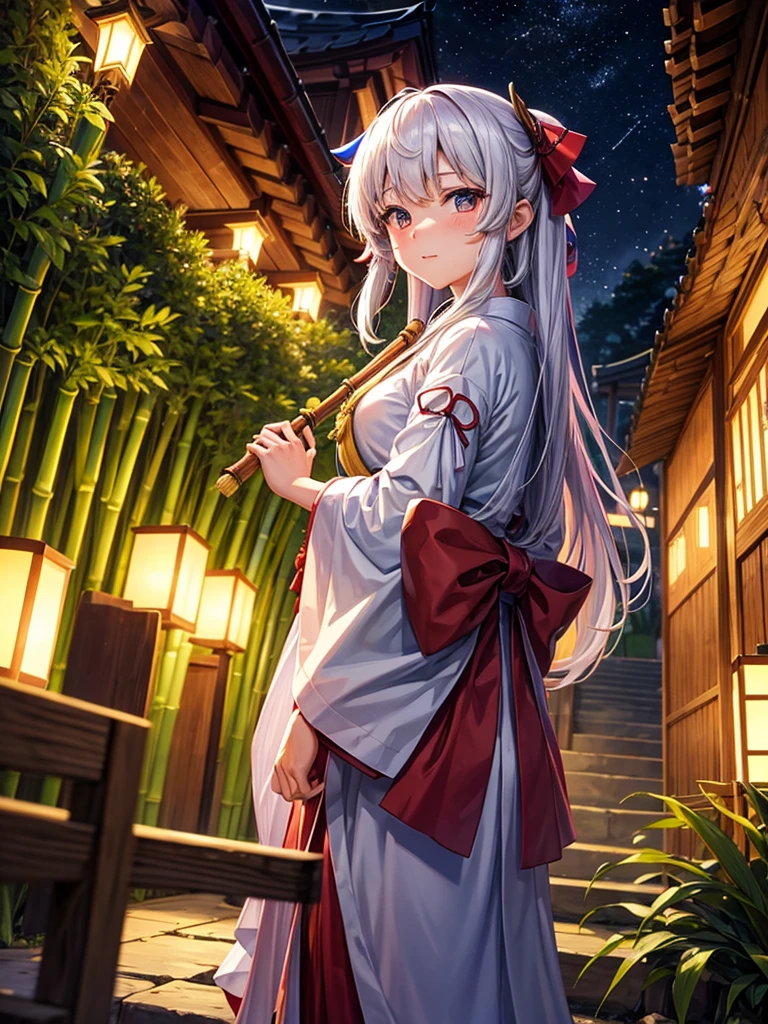 Highest quality,Highest Resolution,Shrine maiden in the shrine grounds,Bamboo bushes at night,