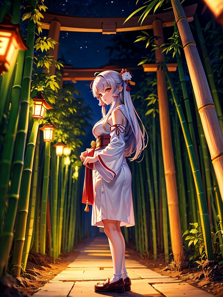 Highest quality,Highest Resolution,Shrine maiden in the shrine grounds,Bamboo bushes at night,